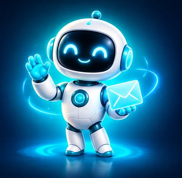 AzurBot, le robot d'AzurNova, qui salue en tenant une enveloppe