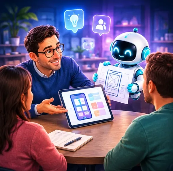 Un conseiller AzurNova présente une maquette d'application à deux clients, avec un petit robot