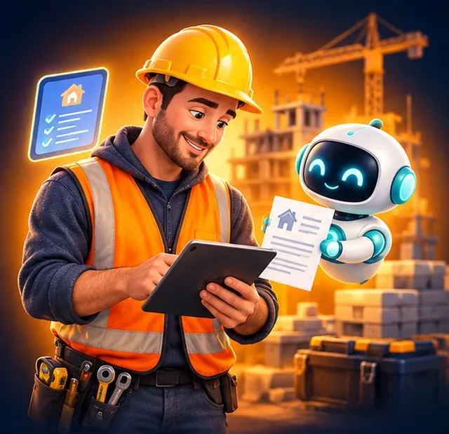 Un artisan consulte un devis sur sa tablette, aidé par un petit robot assistant