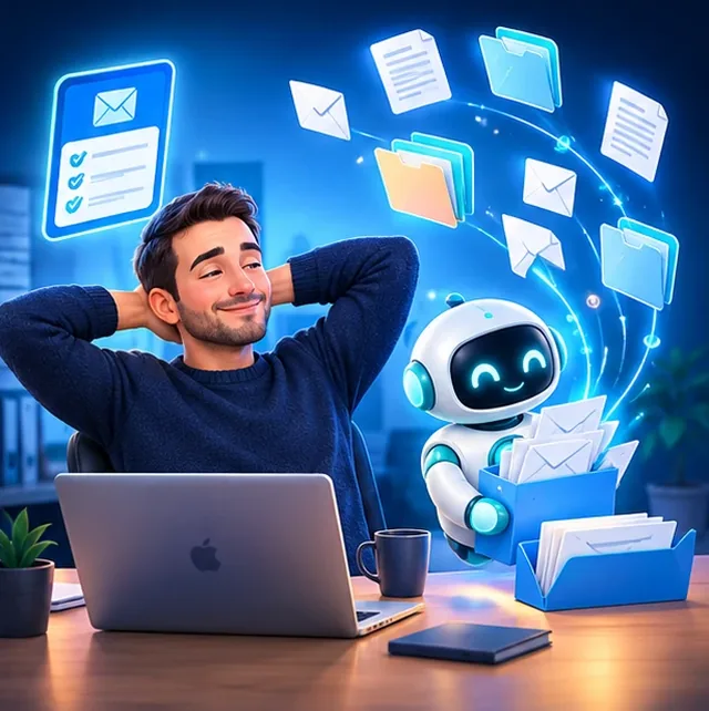 Un employé détendu pendant qu'un petit robot trie ses e-mails et ses documents