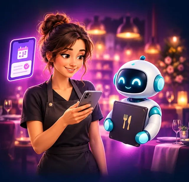 Une restauratrice consulte une réservation sur son téléphone, aidée par un petit robot