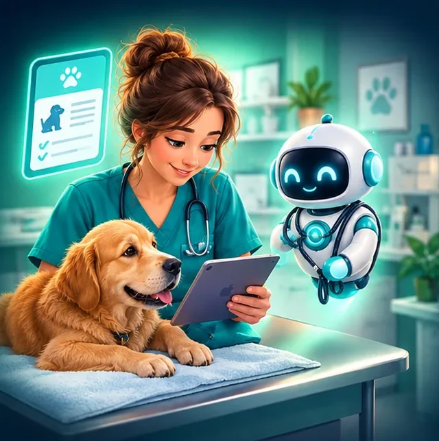 Une vétérinaire consulte un dossier sur sa tablette à côté d'un chien, aidée par un petit robot