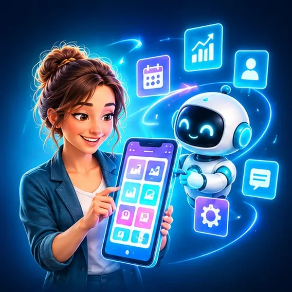 Une entrepreneuse présente son application mobile, aidée par un petit robot