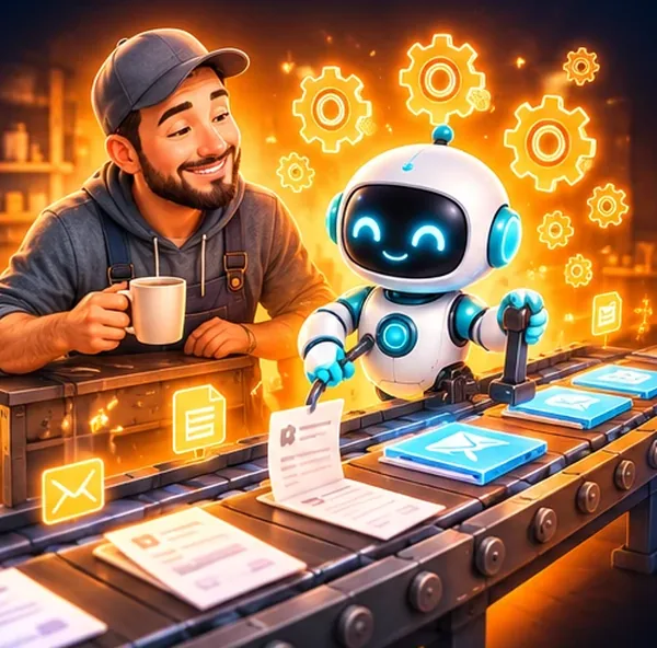 Un robot actionne un tapis roulant de documents pendant qu'un artisan boit son café