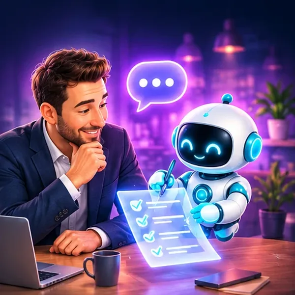 Un chef d'entreprise discute avec un robot assistant qui remplit un document