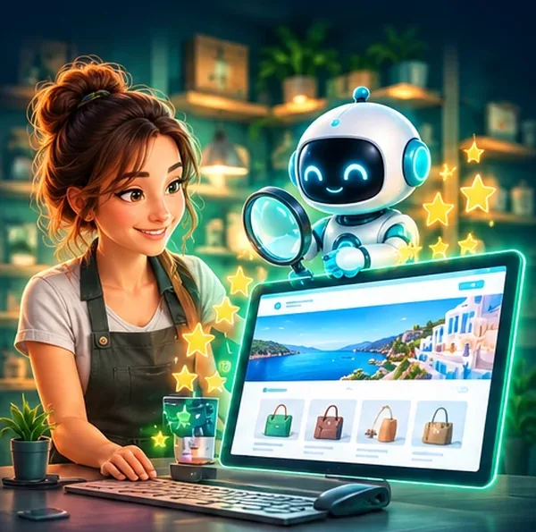 Une commerçante devant son site internet, un robot inspecte le site à la loupe